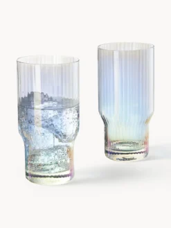 Bicchieri da long drink in vetro soffiato con millerighe iridescenti Juno, set da 4