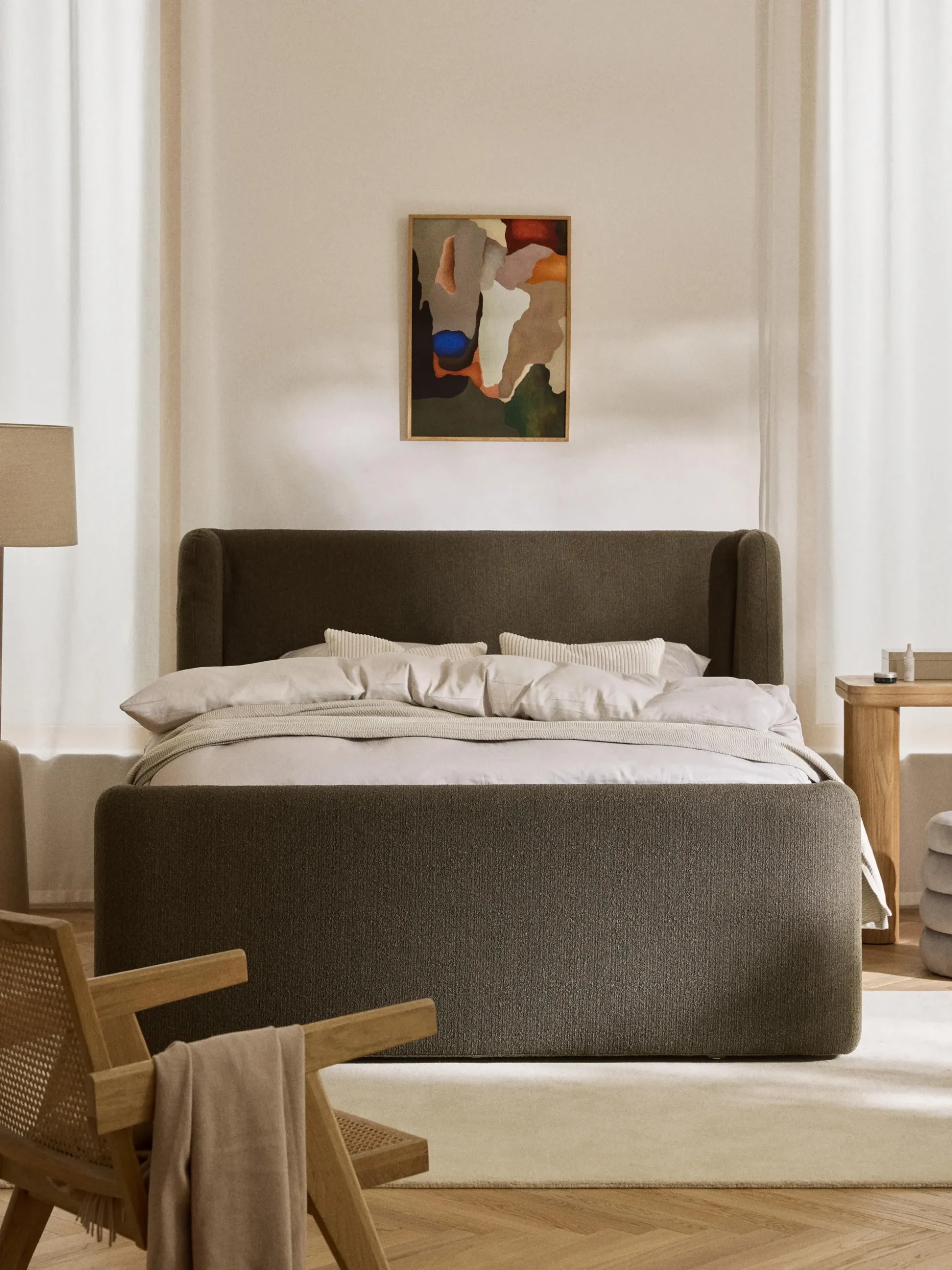 Letto boxspring in bouclé con contenitore Perla